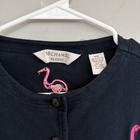 VTG Bechamel Petites Short Sleeve Black Cardigan Pink Embroidered Flamingos PM - Picture 2 of 6